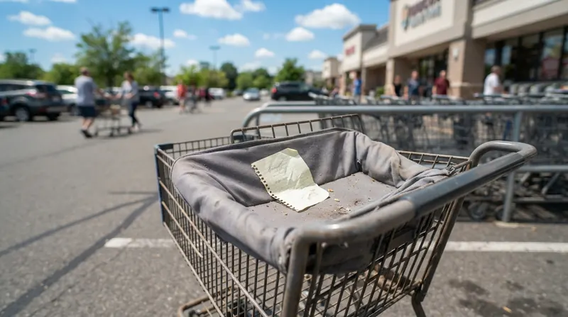 A handwritten grocery list on a scrap of paper left behind in an empty shopping cart in a parking lot