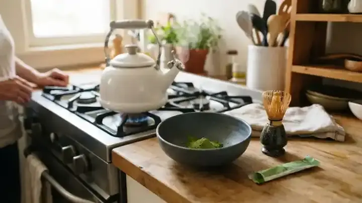 Steam rising from a kettle beside a dark ceramic tea bowl with a small heap of bright green matcha powder waiting in the bottom, slow zoom