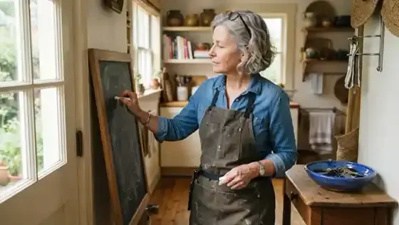 A woman in her sixties writing with white chalk on a wooden-framed slate leaning beside a kitchen door