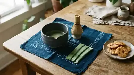 A dark ceramic tea bowl, a bamboo whisk and a few slim green paper stick packets laid out on a cloth wrapping on a kitchen table